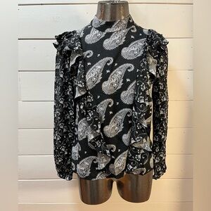 TED BAKER London – Black & White Paisley Waterfall Frill Top (Size 2 / US S)